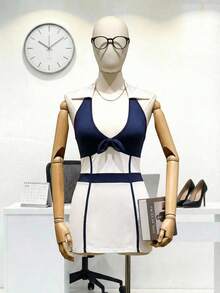 Fantasy Costume Uniforme de señora jefa, escote profundo en V, estilizador, dama de oficina, sirvienta, contraste de color, adecuado para ropa exterior, bar, fiesta, lencería de talla grande - Azul y blanco - Ver 6