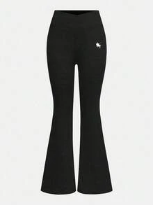 SHEIN 2件套少女黑色和浅灰色交叉腰带小logo印花修身喇叭裤休闲打底裤，买一送一 - 黑色 - 查看 3