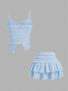 Sweetra French Sweet Ruffle Strap Twist Top & Layered Ruffle Hem A-Line Mini Skirt 2 Pieces Set, Spring/Summer For Women - Baby Blue - View 2