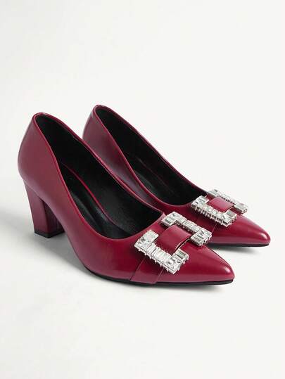 CUCCOO CHICEST 女士尖头水钻纽扣粗跟优雅舒适白色高跟鞋，适合正式场合