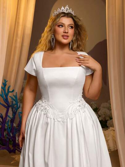 Glamrae Plus Size Elegant Ivory Puff Sleeve Luxury Lace, Crystal, Pearl Embroidered Mesh & Satin Ruffle Maxi Dress With Train, Suitable For Wedding, Party, Vacation
