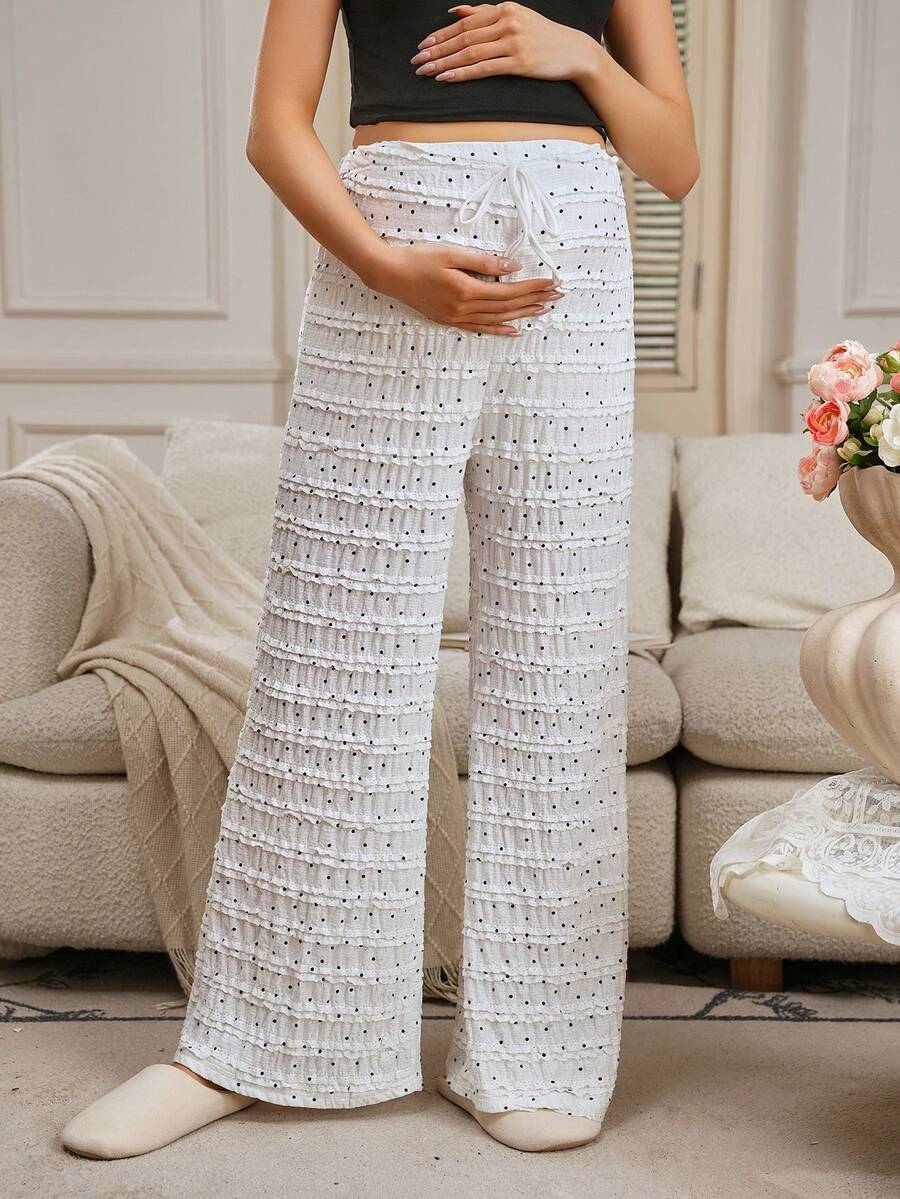 SHEIN 波西米亚风荷叶边波点蕾丝高腰阔腿裤，适合海滩度假、西部乡村音乐节、日常穿着、返校季、万圣节、圣诞节等各种场合。 - 彩色 - 查看 1