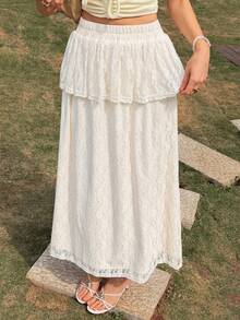 Livesso Spring & Summer Hollow Lace Patchwork Skirt, Casual Vacation Beach Chiffon A-Line Skirt, Elegant Commuting Skirt For Women - Beige - View 2