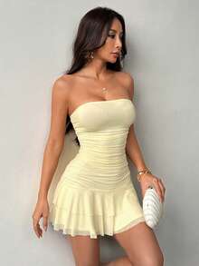SHEIN PETITE Spring/Summer Solid Yellow Cream Strapless Ruched Bodycon Mini Dress With Ruffle Hem, Cute Summer Dress, Brunch Dress, Yellow Dress ,Summer Dress - Pale Yellow - View 4