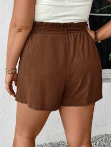 SHEIN Frenchy Pantaloni scurți cu talie tip pungă de hârtie, culoare solidă, mărime plus, cu buzunare răsucite - Maro - Vizualizare 5