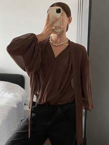 Dazy Tall Tall Women's V-Neck Waist Tie Design Elegant Blouse - Coffee Brown - View 5