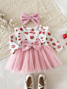 SHEIN 新生女宝宝白色爱心印花褶皱长袖拼接粉色网纱蝴蝶结连衣裙及发带，秋冬新款优雅复古可爱面料舒适 - 白色 - 查看 1