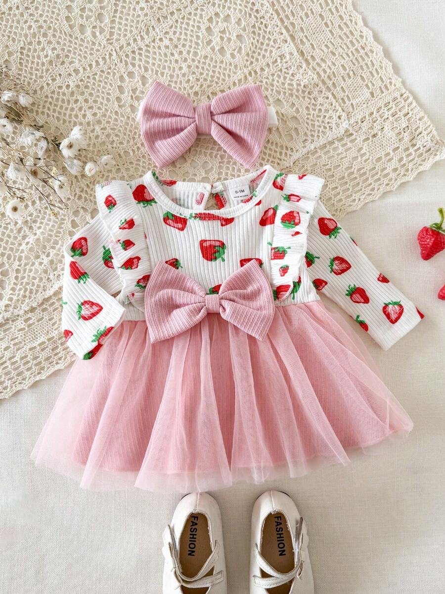 SHEIN 新生女宝宝白色爱心印花褶皱长袖拼接粉色网纱蝴蝶结连衣裙及发带，秋冬新款优雅复古可爱面料舒适 - 白色 - 查看 1