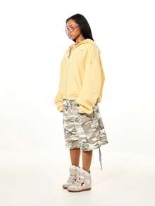 SUMWON WOMEN Áo hoodie nữ dáng rộng có khóa kéo toàn thân, thiết kế logo đồ họa lớn màu hồng ở phía sau, phong cách thường ngày, thích hợp cho đường phố. - Màu vàng - Xem 4