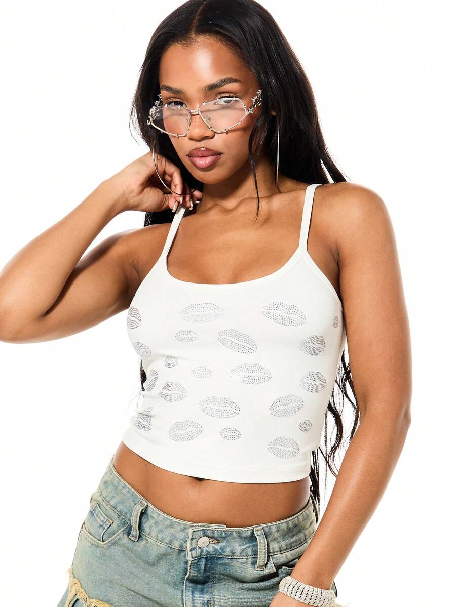 SUMWON WOMEN Women's Rhinestone Studded Oval Pattern Camisole Tank Top For Summer Lounge - White - View 1