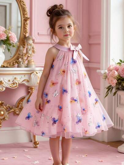 SHEIN Sweet Dreamy Young Girls Dresses Floral 3D Mesh Blue Halter Dress, Elegant Unique Suitable For Party, Outing And Daily Life Bow Dresses For Girls Princess Dress Flower Girl Dress Kids Clothes Girl Butterfly Dresses Little Kids Elegant Dress
