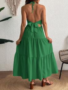 SHEIN Vestido casual de maternidad con cuello halter, espalda descubierta y dobladillo con volantes - Verde - Ver 2