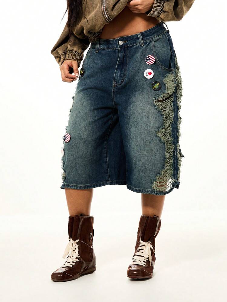 SUMWON WOMEN Short en jean délavé avec détails d'écusson