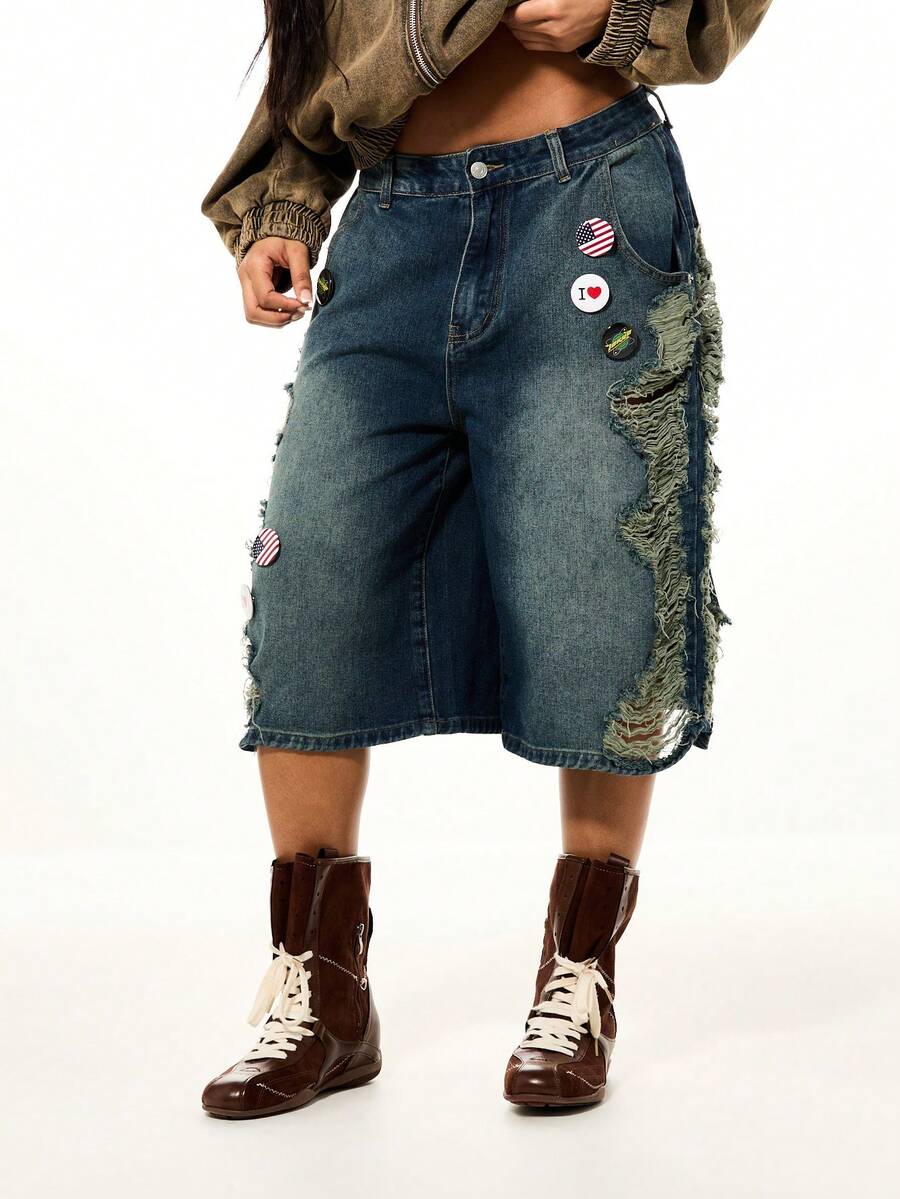 SUMWON WOMEN Badge Detail Distressed Denim Jorts With Frayed Side Patches And Americana Flag Pin Embellishments - Blue - View 1