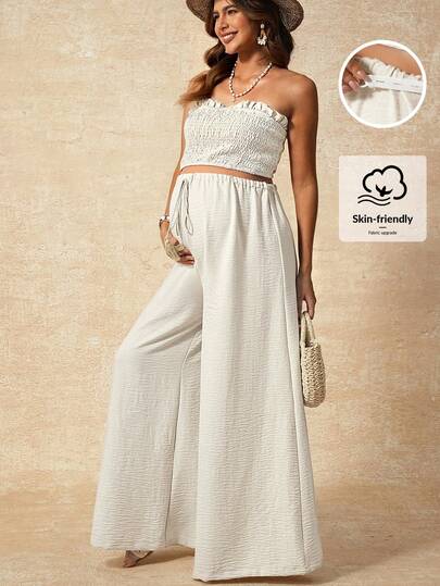 Boho Mama 2pcs Maternity Casual Solid Color Tube Top And Wide Leg Pants Set