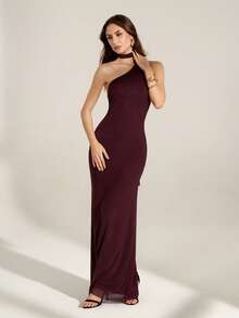 SHEIN Tall Sleeveless Slim Fit Elegant Solid Halter Neck Bodycon Dress - Red - View 4