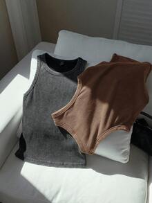SHEIN EZwear Plus Size Summer Fashion Distressed Crewneck Fitted Tank Top - Khaki - View 4