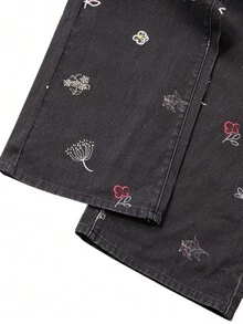 GlowEve Women's Embroidered Slant Pocket Casual Versatile Wide-Leg Jeans - Black - View 5