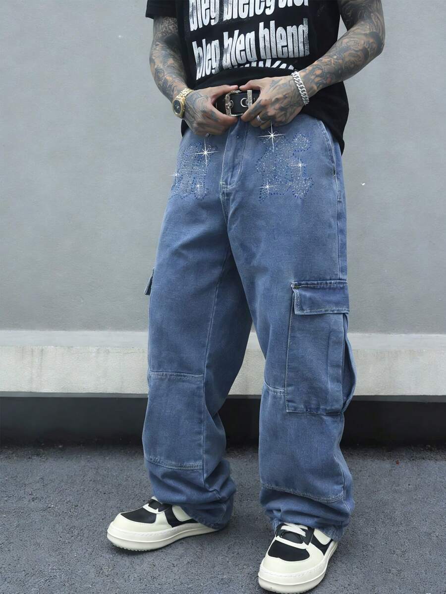 Manfinity EMRG Quần jeans cargo phong cách Mỹ thời trang, đính đá lấp lánh, thích hợp cho mùa hè. - Màu xanh lam - Xem 1