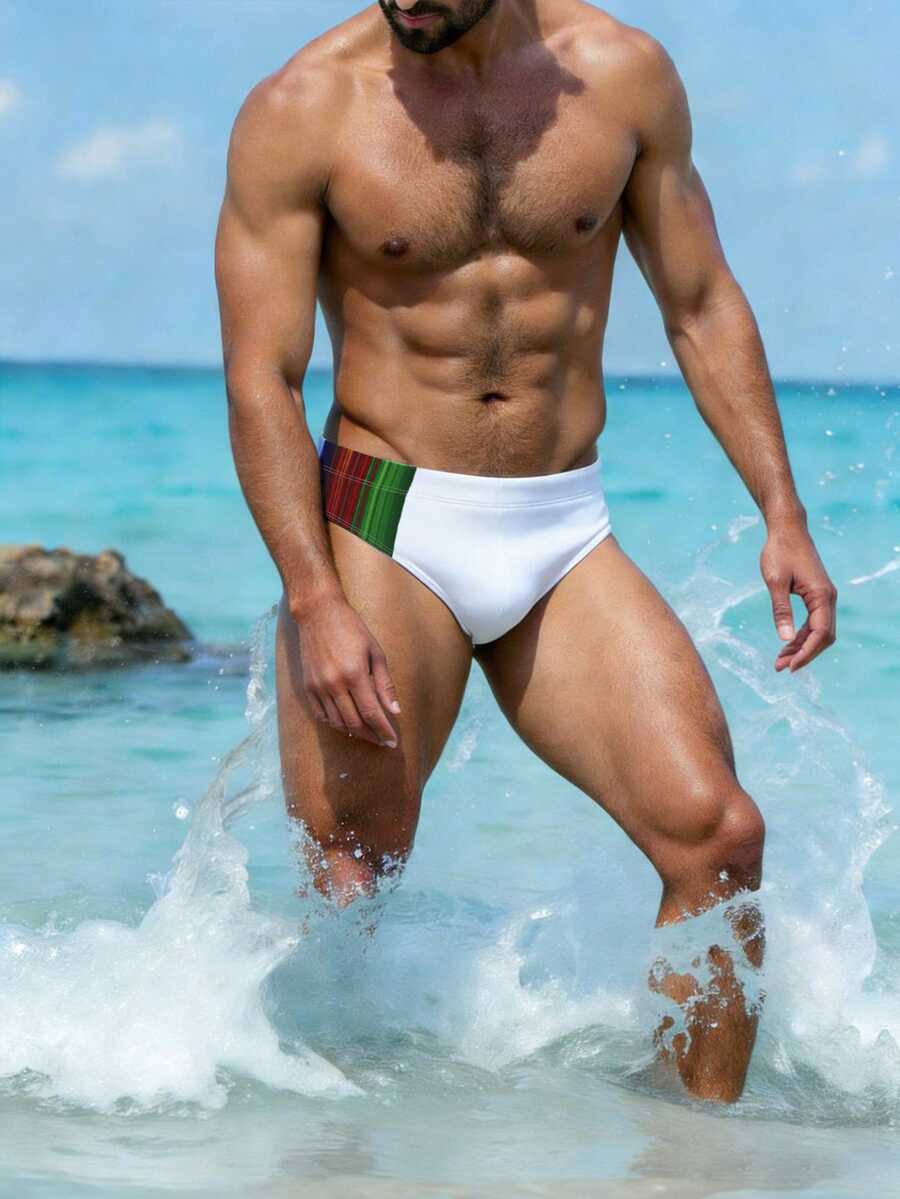 Manfinity Swimmode 男士沙滩度假休闲印花三角泳裤 - 白色 - 查看 1