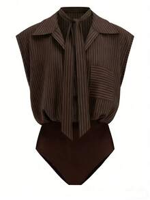 Franclia 2026新款女士条纹翻领无袖系带连体衣Y2K美学商务休闲办公室修身棕色连体上衣时尚百搭夏季日常街头风时尚女士工作外出装 - 棕色 - 查看 1