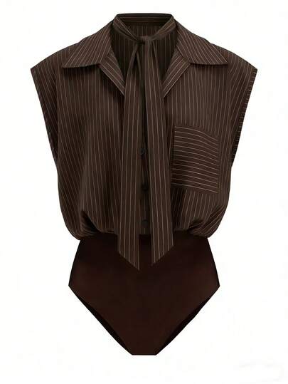 Franclia Blusa/body de una pieza con cuello a rayas, sin mangas y con lazo delantero, estética Y2K, casual de oficina, ajuste ceñido, color marrón, versátil, de uso diario y de calle, elegante atuendo de trabajo y salida para dama, nueva llegada 2026