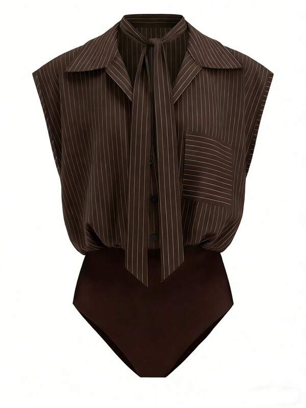 Franclia 2026新款女士条纹翻领无袖系带连体衣Y2K美学商务休闲办公室修身棕色连体上衣时尚百搭夏季日常街头风时尚女士工作外出装