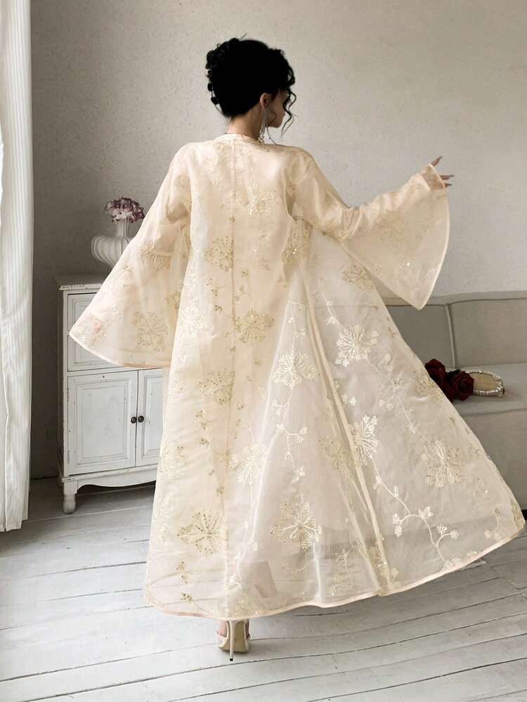 Women's Elegant Rhinestone Embellished Round Neck Dress With Flare Sleeves Shirt, 2 Pieces Set, Spring/Summer,Wedding Guest Dress Women