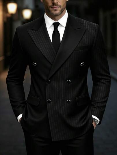 Manfinity Mode Men's Casual Gentleman Suit, Fashionable British Style Essential For Work And Leisure Men S Classy Clothes Navy Blue Men Suit Men Suits 2 Piece Men Dress Wear Men Wedding Suit,Men Old Money,Daily Leisure, Weekend Trips, Outdoor Activities, Travel Expeditions, Relaxed Work Environments Or Semi-Formal Occasions, Boyfriend/Husband Gift, Anniversary /Birthday Gift Party Summer Vacation Holiday,Wedding,Spring To Summer,Easter,Y2k,Vintage,Festival,Mens Classic Black Pinstripe Double Breasted Suit Elegant Formal Slim Fit Blazer And Trousers Set,Men's Double Breasted Suit,Pin Stripe Suit Men,Men's Dress Suit,Man Clothes Elegant,Young Men Suits