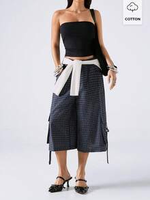 LYSMO 2026 New Arrive Minimalism Spring/Summer Women's Fashion Plaid Cargo Capri Pants,Plain/Casual - Navy Blue - View 1