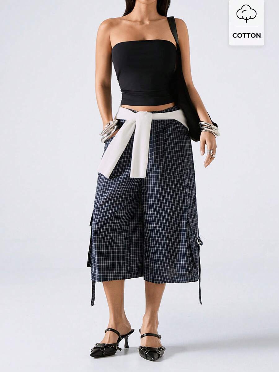 LYSMO 2026 New Arrive Minimalism Spring/Summer Women's Fashion Plaid Cargo Capri Pants,Plain/Casual - Navy Blue - View 1