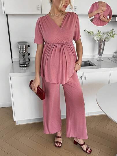 SHEIN Maternity Casual Solid Color Short Sleeve T-Shirt And Pants 2 Pieces Set, Summer