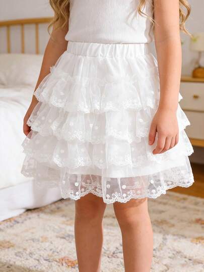Young Girls' Dreamy Princess Style Tulle Skirt, Made Of Lightweight Tulle Fabric With Multi-Layer Lace Trim Design, Elastic Waist For Comfortable Fit, Asymmetric Tulle Skirt Hem For Flowy And Cute Look, Suitable For Birthday Party, Amusement Park, Photo Shoot, Daily Wear, Thin And Skin-Friendly Fabric, Spring/Summer