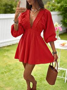 KARISMINA 女士时尚休闲优雅浪漫V领连体裤，红色连体裤 - 紅色 - 查看 11