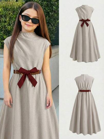 Tween Girl Elegant Color Block Cinched Waist Midi Dress