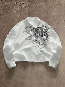 AXEPEAK 男士休闲衬衫，饰有交叉翅膀印花元素，宽松长袖上衣 - 白色 - 查看 1