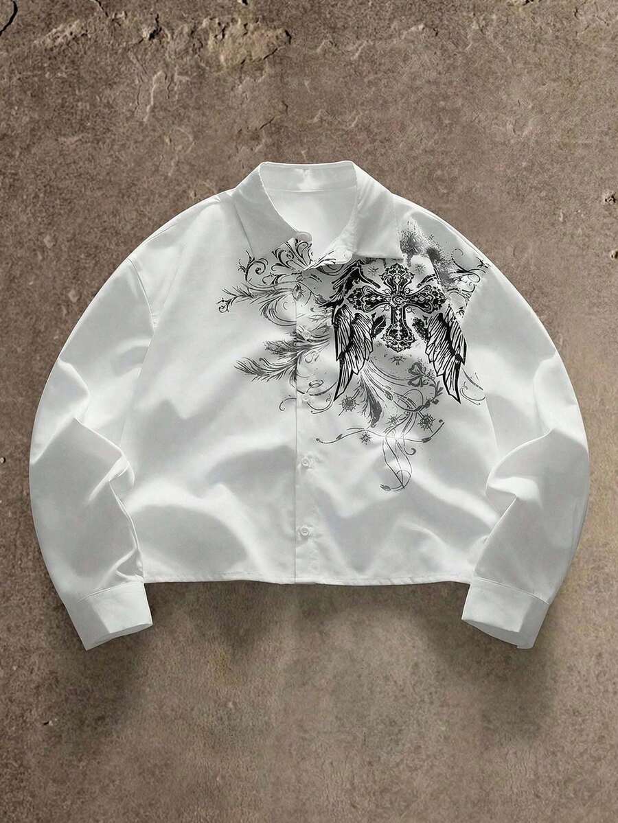 AXEPEAK 男士休闲衬衫，饰有交叉翅膀印花元素，宽松长袖上衣 - 白色 - 查看 1