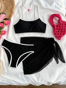 SHEIN Teen Girls' Colorblock Black And White Bikini Sets - Black and White - View 4