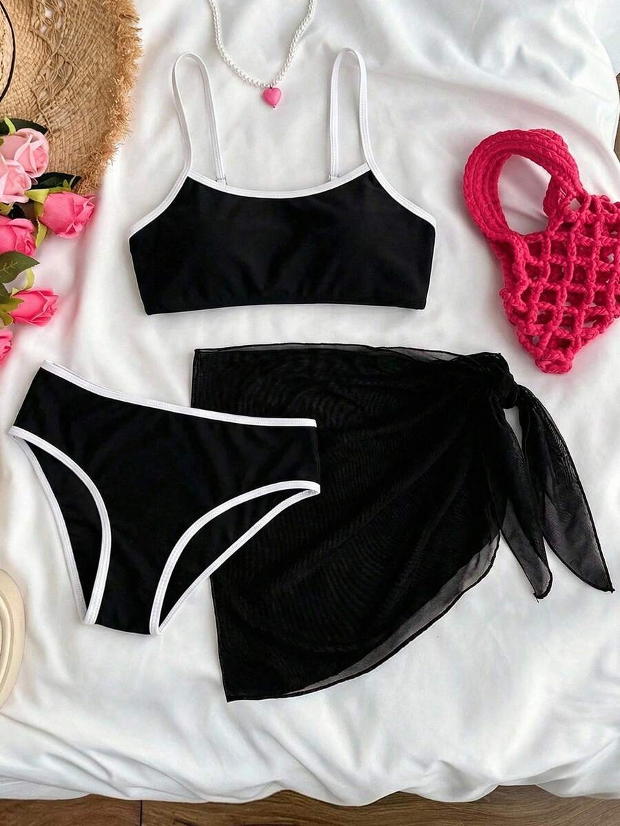 SHEIN Teen Girls' Colorblock Black And White Bikini Sets - Black and White - View 1
