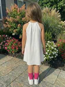 SHEIN Young Girls White Floral Print Halter A-Line Dress, Cute & Fashionable Versatile Dress For Outing, Vacation, Photo Shoot - White - View 2
