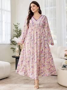 Al Najma Bata con cuello en V, adorno de encaje, cintura con lazo lateral y mangas acampanadas, para primavera/verano - Multicolor - Ver 8