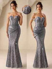 Coutiva Elegante vestido de fiesta de sirena sin tirantes con lentejuelas - Gris - Ver 4
