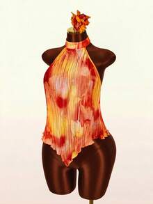 Amplova Floral Print Pleated Asymmetric Hem Halter Backless Vacation Tank Top - Burnt Orange - View 1