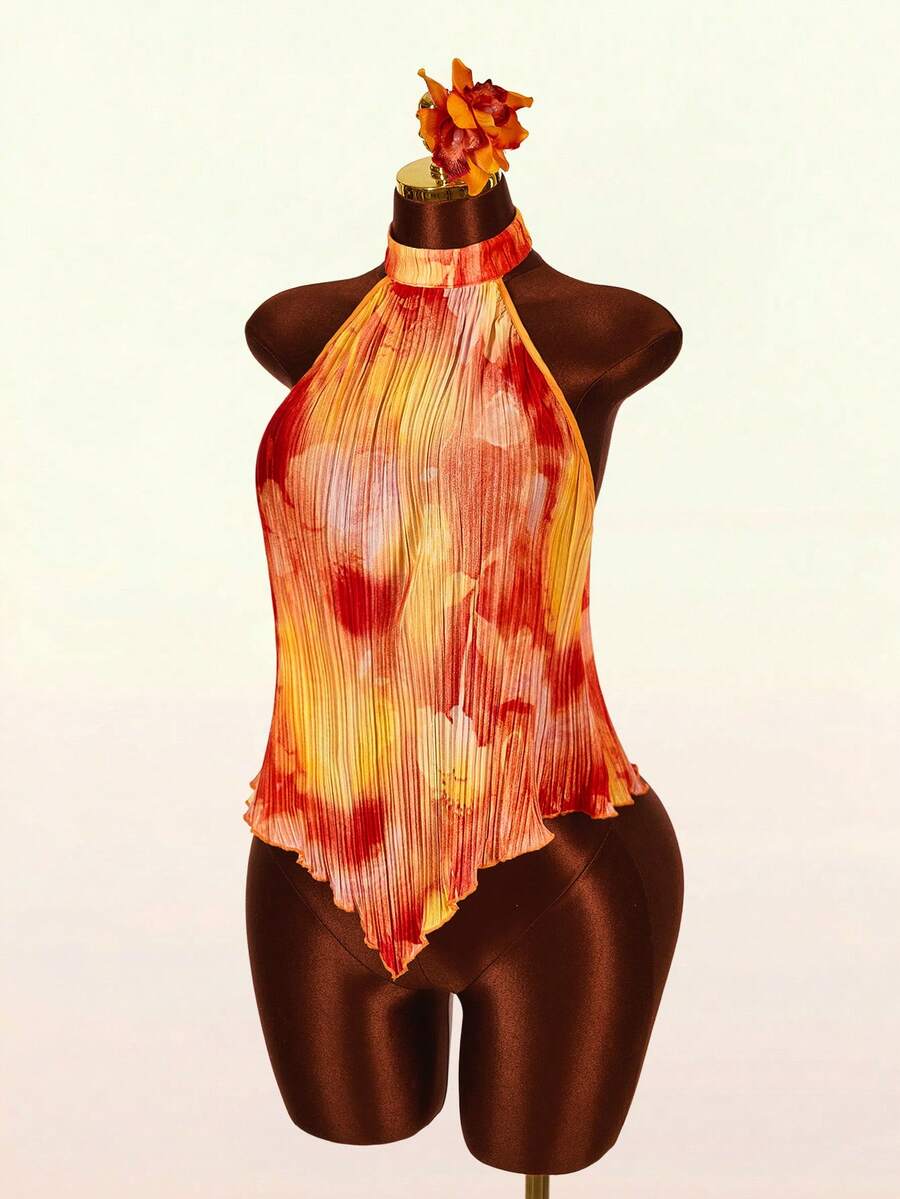 Amplova Floral Print Pleated Asymmetric Hem Halter Backless Vacation Tank Top - Burnt Orange - View 1