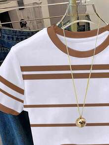 Resyla Women's Casual Striped Bow Print Round Neck Short Sleeve T-Shirt, Summer - White - View 3