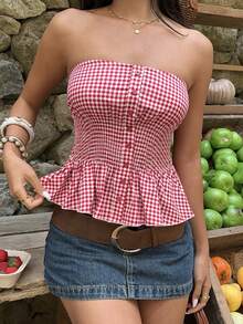 Sunnyshic 女士夏季海滩度假风印花荷叶边抹胸上衣 - 紅白色 - 查看 4