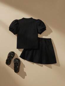 SHEIN 珍珠泡泡袖半身裙女童（小号）T恤套装 - 黑色 - 查看 2