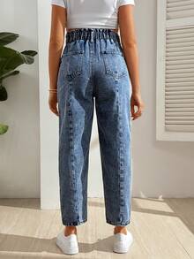 SHEIN 孕妇高腰弹力舒适牛仔裤，七分裤长修身休闲裤，适合日常穿着和度假 - 中等水洗藍 - 查看 2