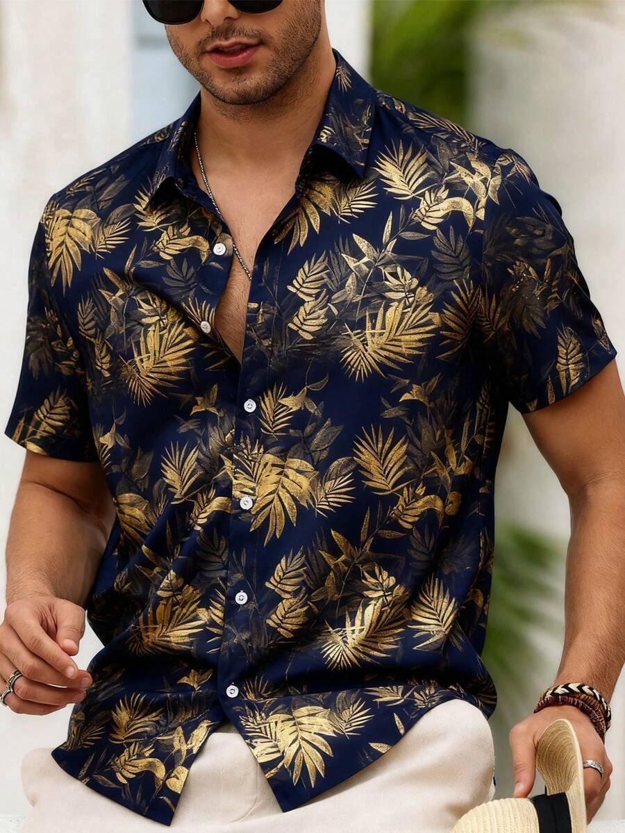 Manfinity RSRT Men's Summer Beach Vacation Tropical Print Short Sleeve Shirt - Navy Blue - View 1
