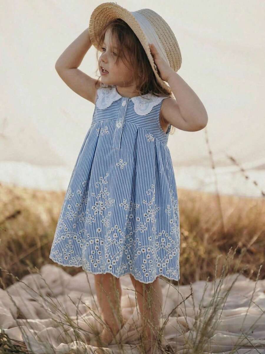 SHEIN 女婴/幼儿无袖简约蓝白连衣裙 - 藍色 - 查看 1